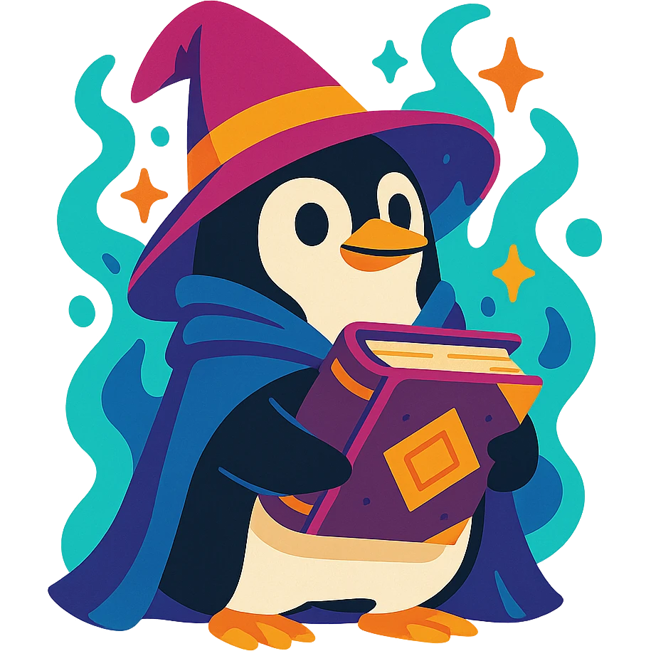penguin wizard holding an ancient book, mystical aura, charming emoji
