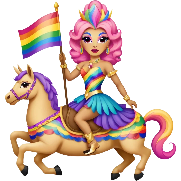 drag queen riding a colorful alebrije, waving an LGBTQ flag emoji