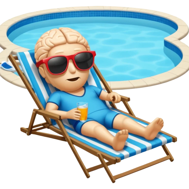 A brain (no body)  lies in a deck chair wearing sunglasses at the edge of the pool. emoji