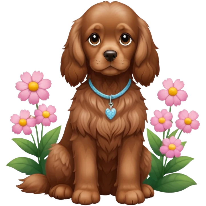 Full body shot of a brown cocker spaniel sitting with flowers emoji