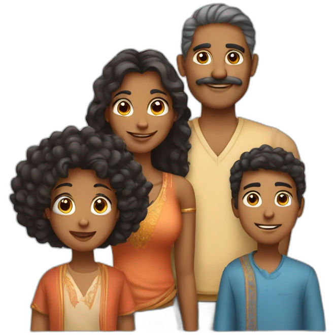 indian family with one dad and one son straight hair and one mom and one daughter curly hair emoji