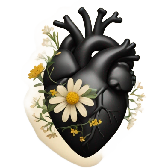 black anatomical heart with beige wildflowers emoji