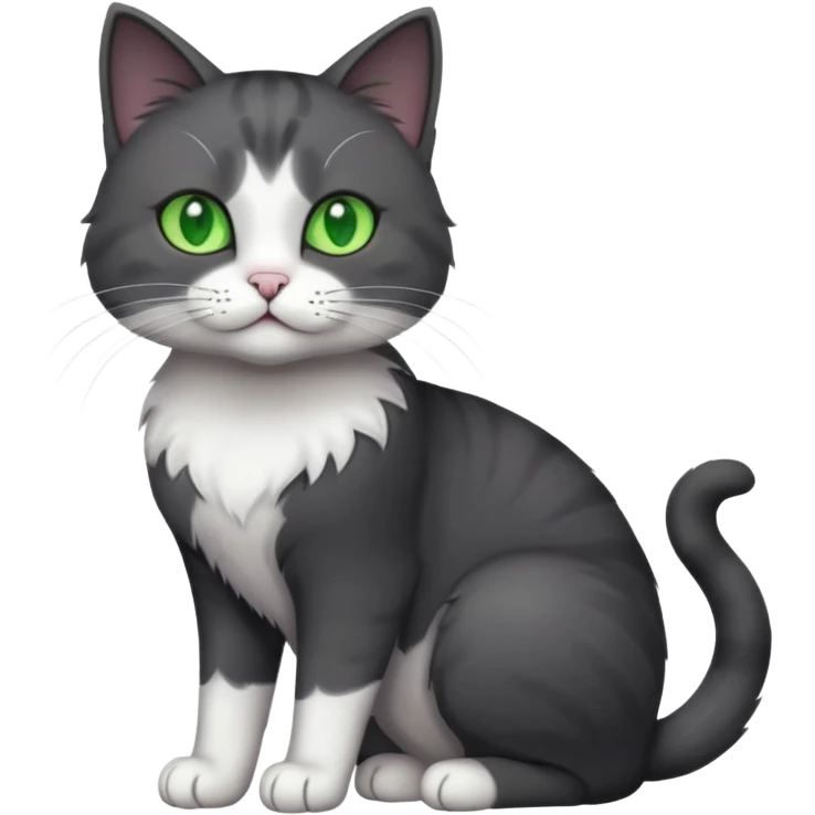 full body view of beautiful female solid dark grey cat with green eyes, white toes/paws and white patch on her chest emoji