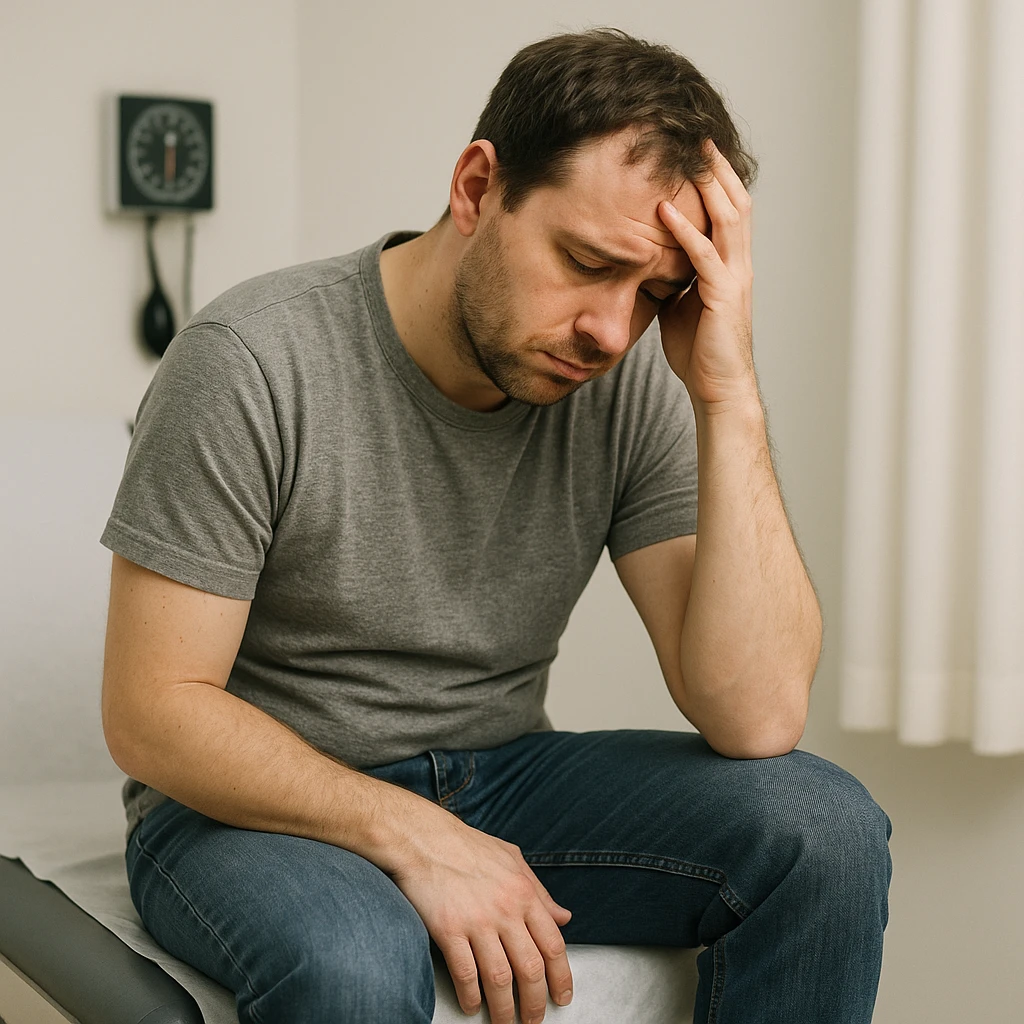 realistic image of a man with problems in the intimate area, looking sad and demoralized, sitting with a hand on his lap, medical and respectful context, no explicit details emoji