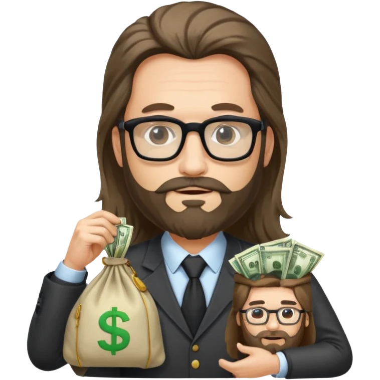 Un emprendedor (emoji con ordenador) de unos 50 años con barba y pelo largo más gafas de pasta y con un icono de ordenador y una bolsa de dinero emoji