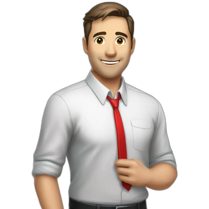 An employee of the real estate agency "Floors" with a red badge around his neck with the inscription etagi emoji