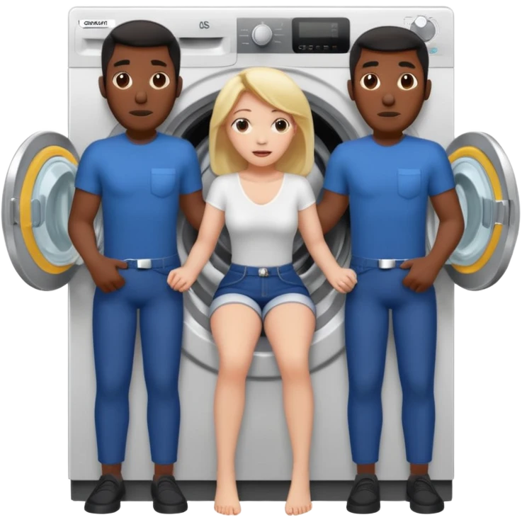 Eine Frau steckt bis zum Bauch in einer Waschmaschine fest und nur die Beine gucken raus und zwei schwarze männer ziehen an ihren Beinen um sie raus zu holen  emoji