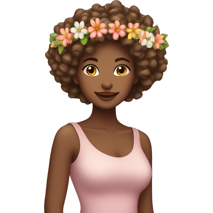 pretty woman wearing a flower garland on her head with curly hair emoji