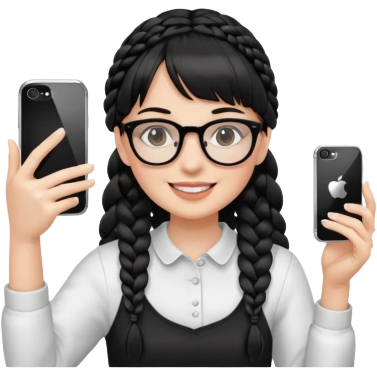 She's wearing black braided, full bangs and glasses and taking a mirror selfie with a white iPhone emoji