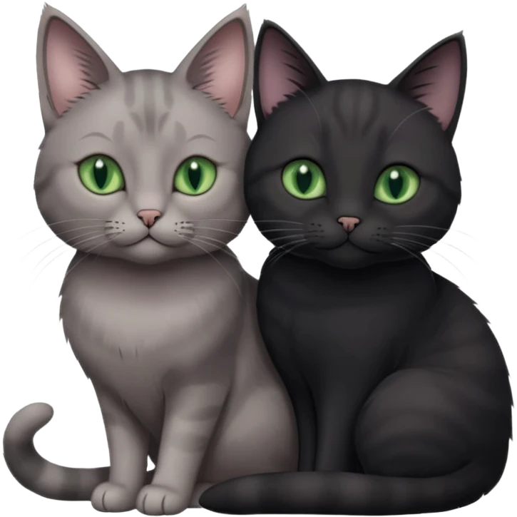 1 regal looking grey cat with pastal green eyes and 1 black with green eyes cat cuddling emoji