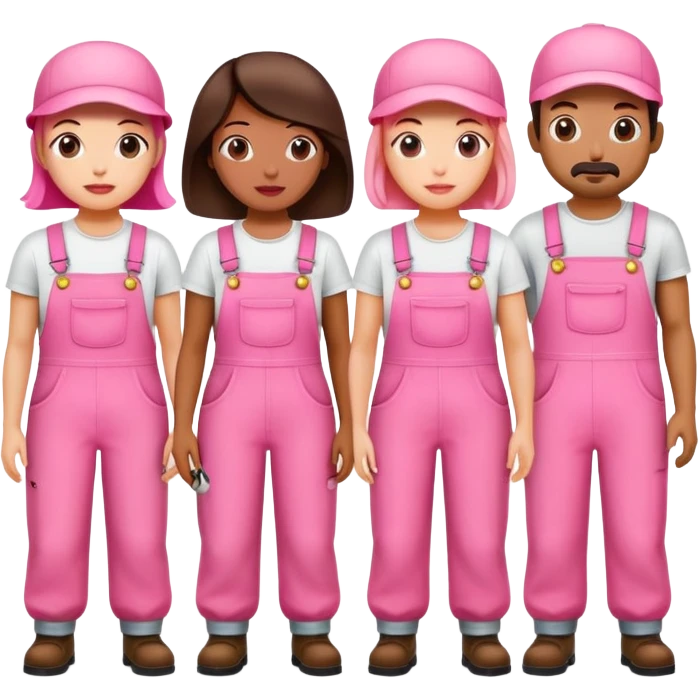 group of artists wearing pink overalls protesting for spam meat art emoji