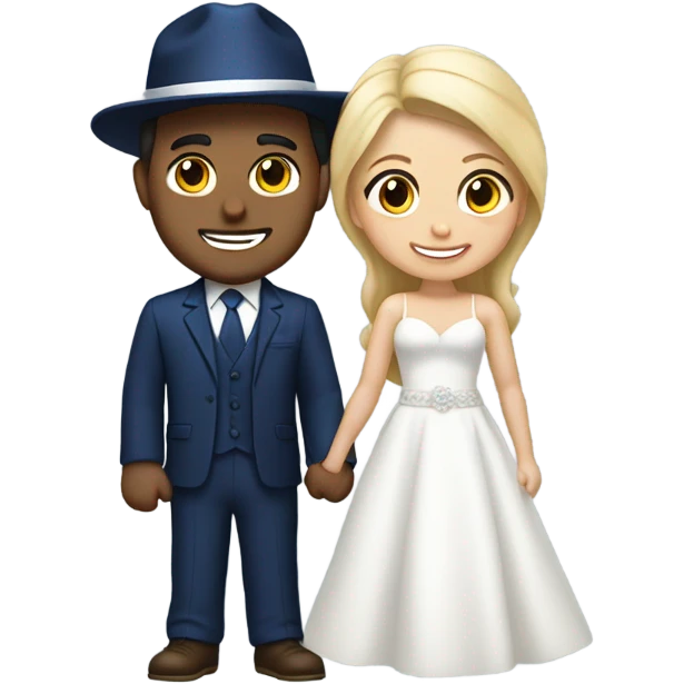Puerto rican beard short hair with blue hat and navy blue suit getting Married with blond long hair girl with white  wedding dress  emoji