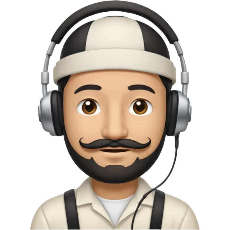 Half body man wearing white topi, lapray, black beard and moustache, headphones, eyes closed, realistic emoji style. emoji