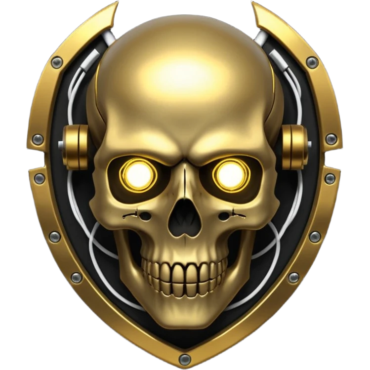 Cyberpunk shield, skull with cybernetic implants, glowing wires, dark electric gold and black tones, no background emoji