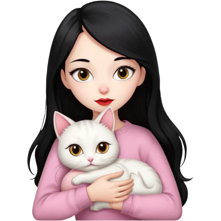 Beautiful Skinny Girl Long Hair black, Skin White, Sweater Pale Pink , Big Red Lips, Eyes coffe,Hug baby Persa Cream Cat Cutes big eyes emoji