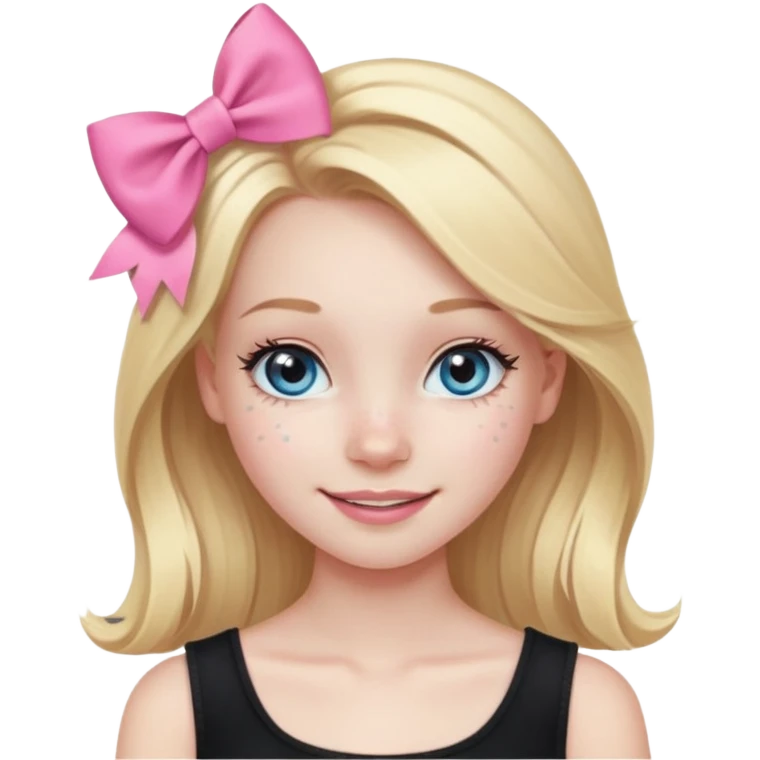A blonde girl, teen, pale skin, freckles, light blu eyes, lashes, smiling, black top, pink coqquete bow in hair emoji
