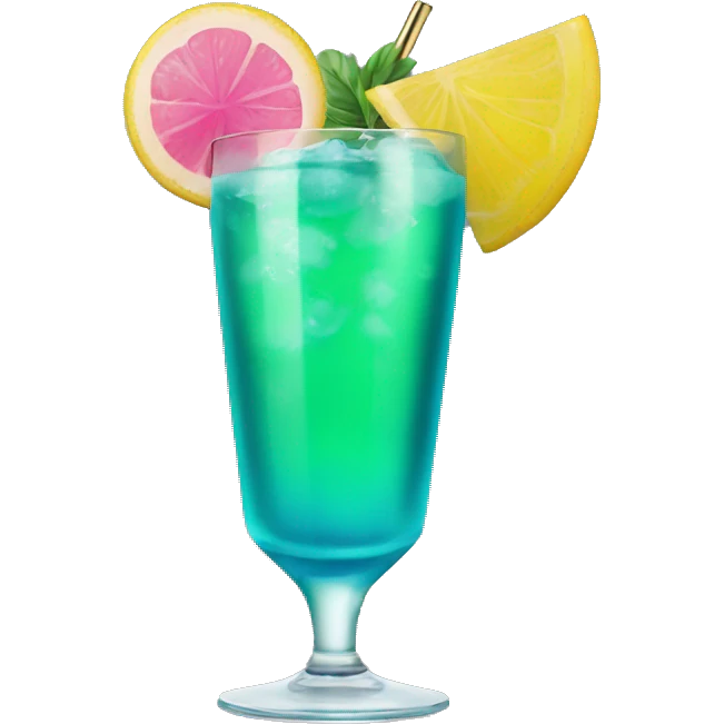 Bluish green cocktail with pink and yellow emoji