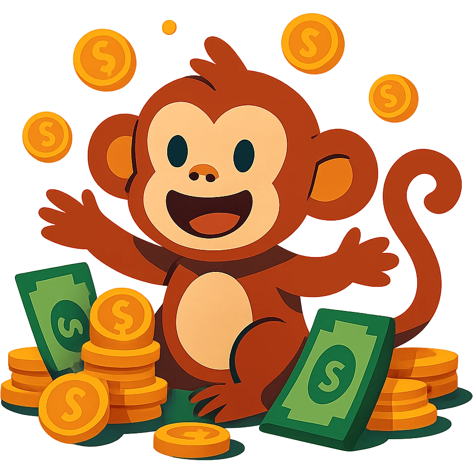 cute monkey surrounded by coins and bills, looking happy emoji