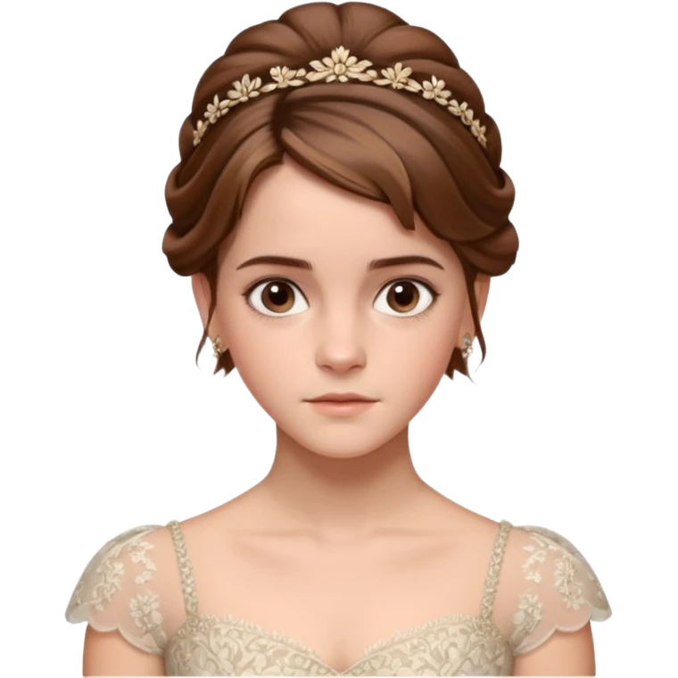 Cinematic Emma Watson Realistic Rococo Portrait, depicted with lifelike skin texture, subtle rosy undertones, and soft natural lighting that enhances the gentle contours of her face. Her intricately detailed brown hair is elegantly styled in an updo, emoji