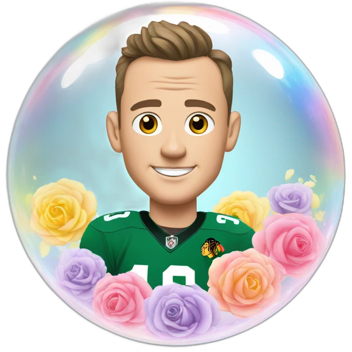 Jonathan Toews inside a rainbow bubble with pastel roses emoji