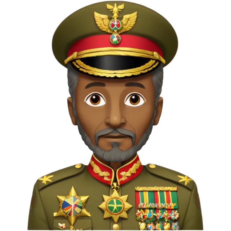 Create an emoji of an Older Haile Selassie African king wearing his ceremonial military uniform adorned with numerous medals, orders, and a sash. emoji