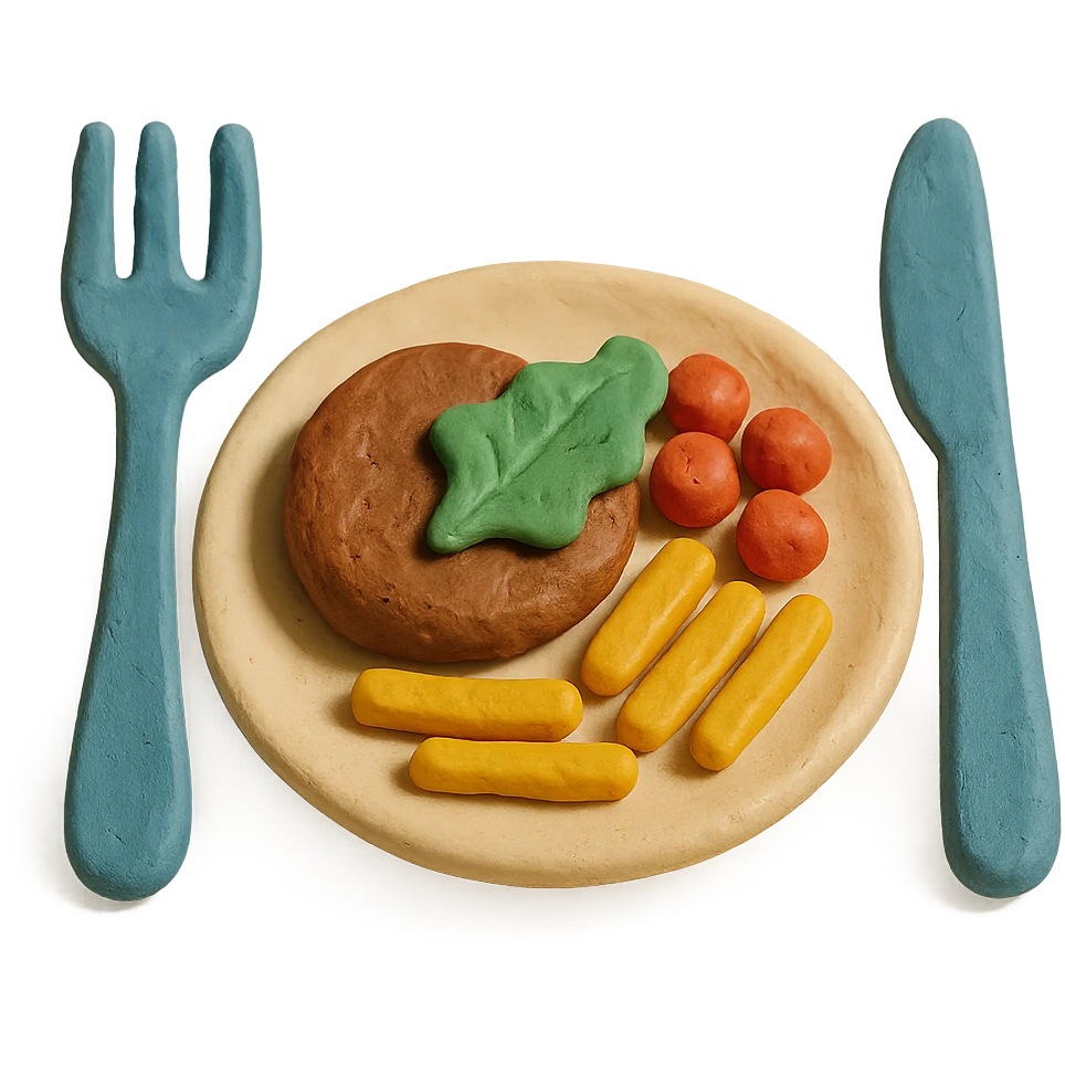 a plate with food and cutlery in claymation style representing a restaurant emoji