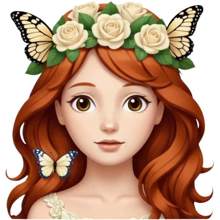 Woman with long flowing auburn hair wearing a flower crown with white and cream colored roses and butterflies in it emoji