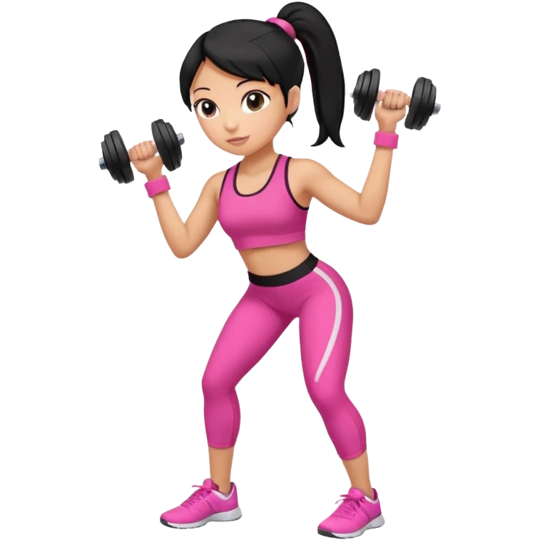 A tan girl with black hair in a ponytail. Wearing a pink gym set. Picking up dumbells emoji