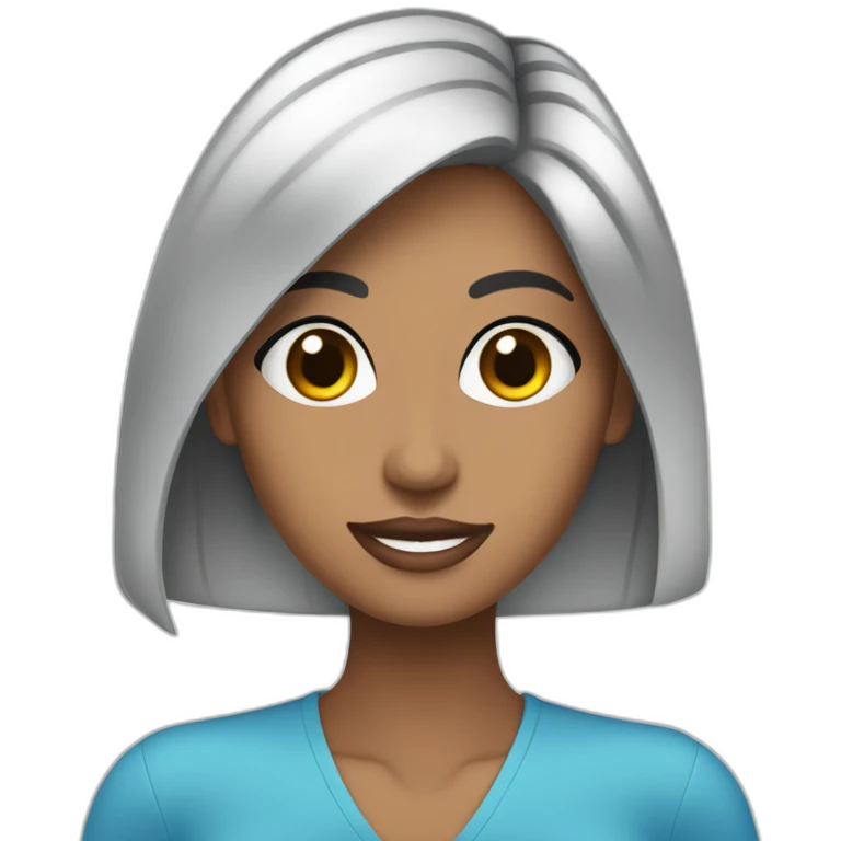 Mujer de cabello negro largo, ojos azules, cara hermosa, piel blanca, un poco cachetona  emoji