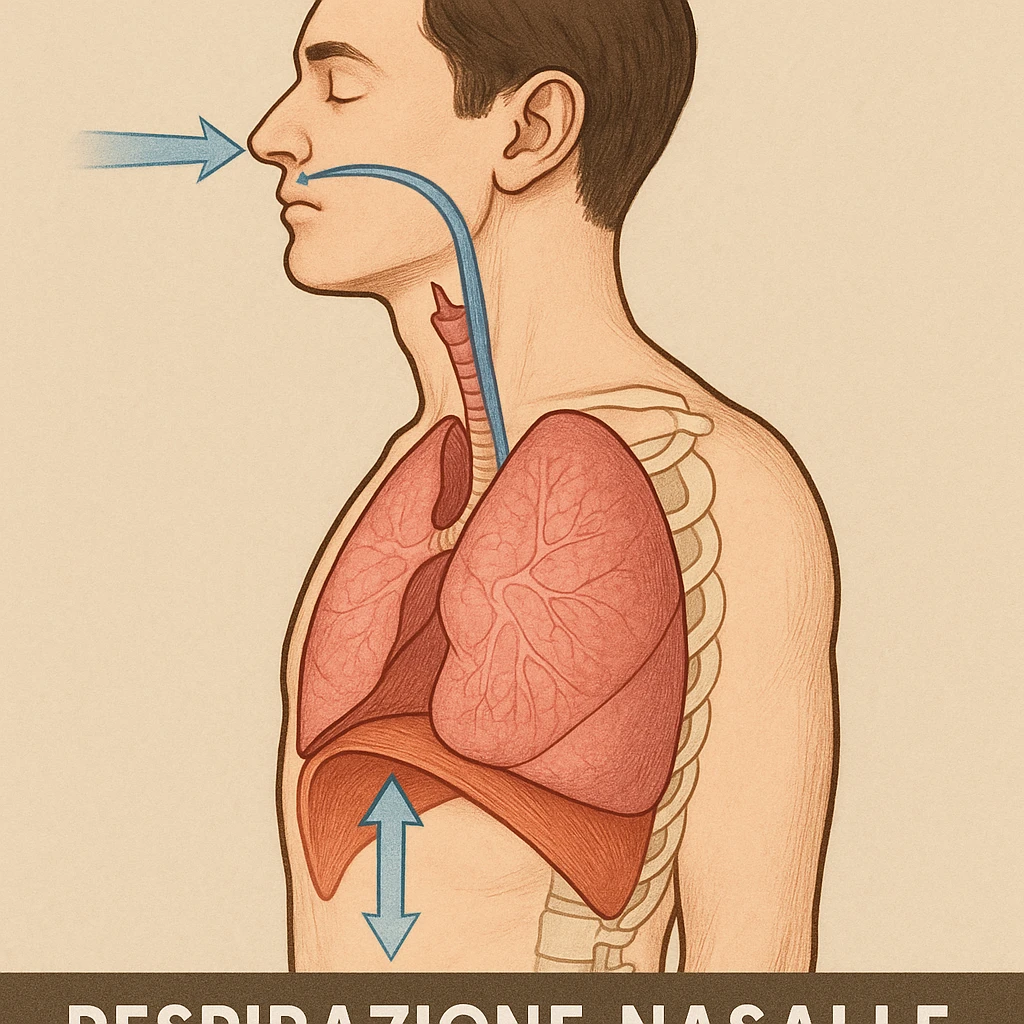 side view of human torso showing deep nasal breathing, diaphragm lowering, lungs expanding, caption in Italian emoji