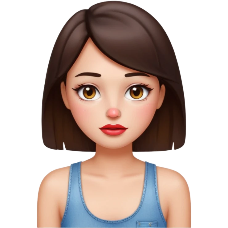 “Emoji brunette girl white tanktop, dewy skin, heavy blush across cheeks and nose bridge, glossy cherry lips, soft eyeliner, teary sparkling eyes like hanni from new jeans emoji