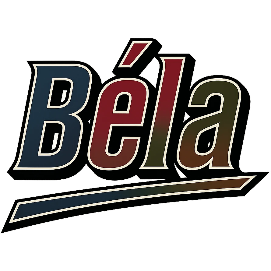 Text design of the name 'Béla' in a masculine, modern, gradient font with dark contour and thin white edging, dynamic slanted underline, masculine color shades including blue, gray, burgundy, green, and brown, 1000x1000 px, PNG, transparent background, in the style of the uploaded Attila sample. emoji