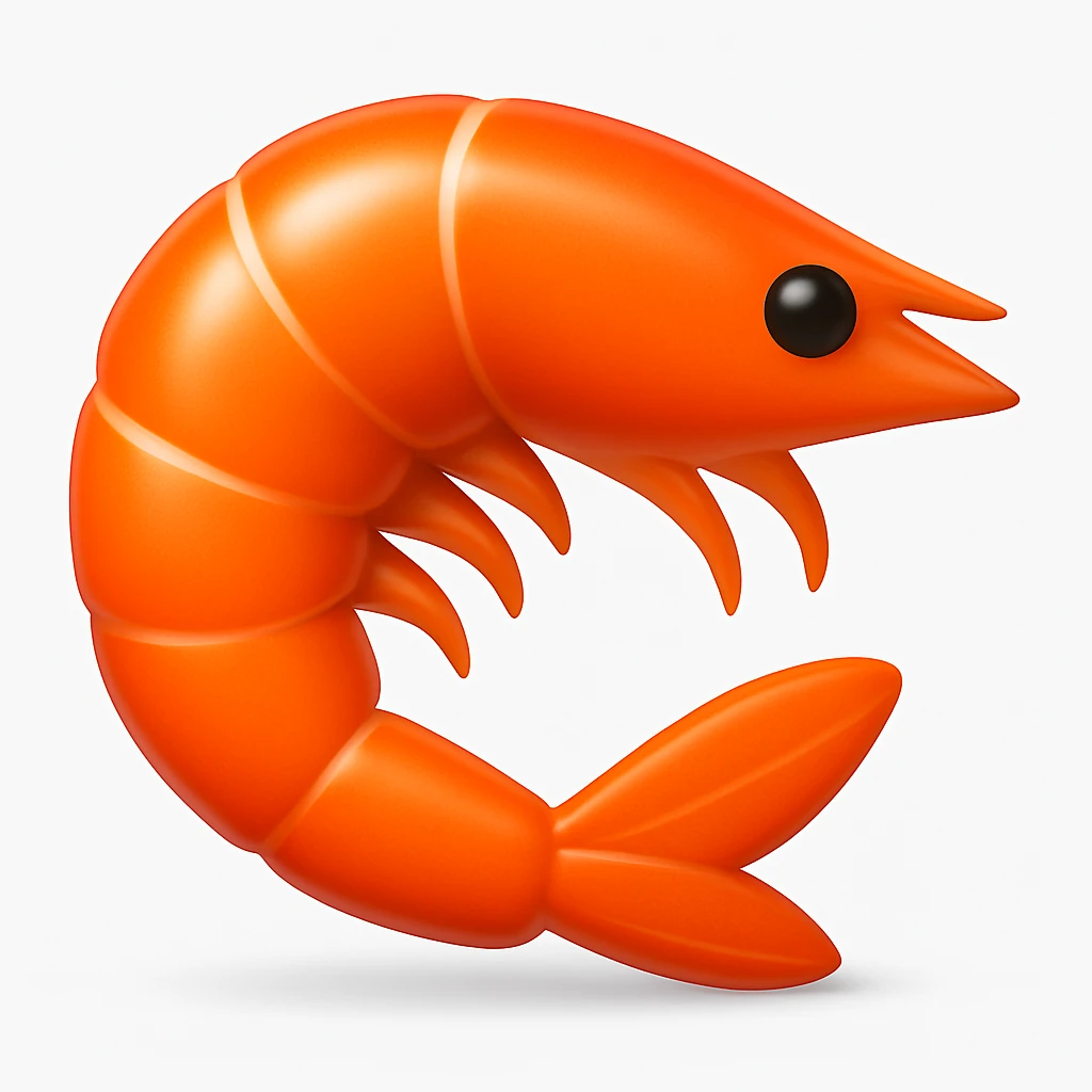 Create a shrimp emoji that looks exactly like the reference image in iOS emoji style. The emoji should have a 3D appearance with shiny, smooth gradients, soft shadows, and a realistic shrimp shape, capturing the classic emoji look. Add a soft shadow under the shrimp. emoji