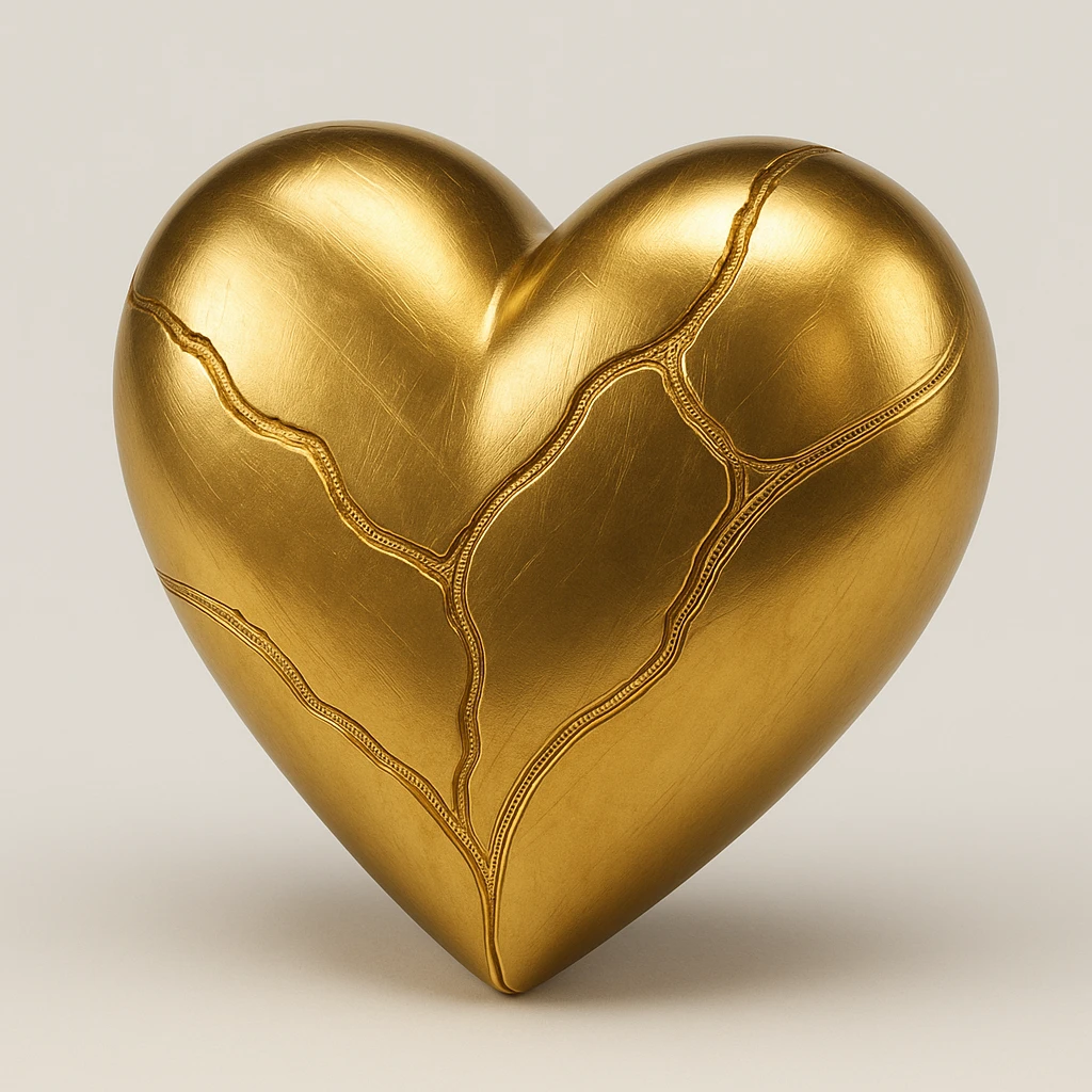 a heart with visible gold kintsugi cracks, elegant and symbolic, neutral background emoji