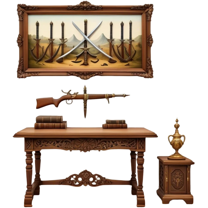 Icon for Antiques Collecting: vintage intricately carved furniture, famous paintings, antique swords, and rifles. The items are displayed on a wooden table or shelf. The icon should evoke the rich history and craftsmanship of antique collecting. Transparent background. emoji