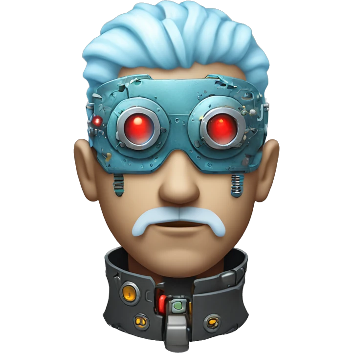  Short light blue haired male cyborg head with light blue beard, red steampunk goggles and circuits emoji