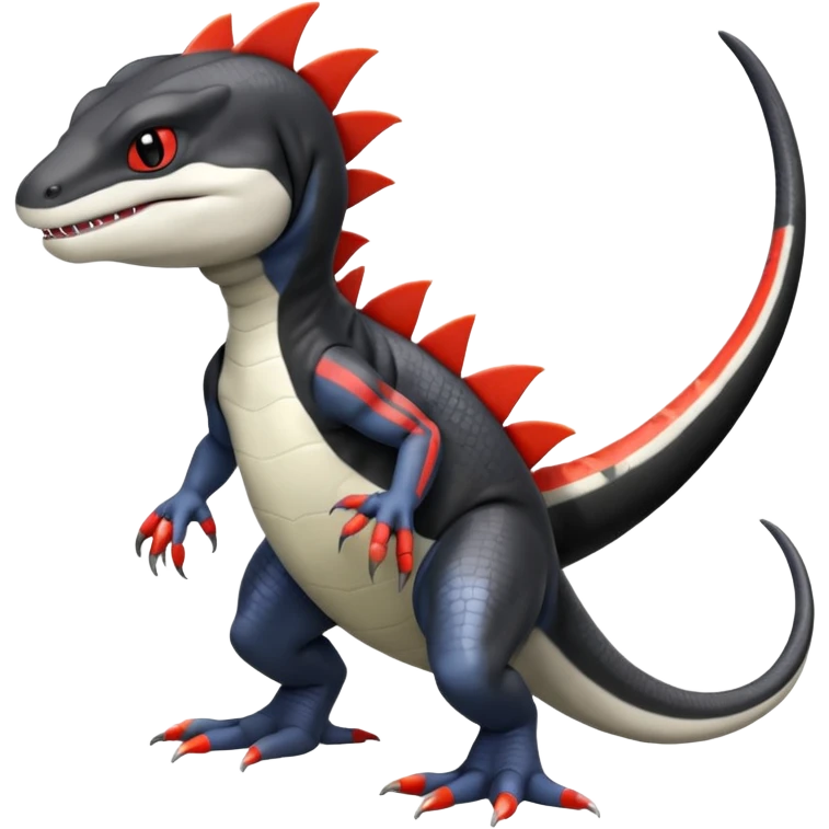 Black and white Orca-hybrid-reptile-reptilian-lizard-skink-gecko-Digimon-Fakémon-Pokémon-fusion-hybrid full body, two legs, two arms, claws, anthropomorphic, with red stripe emoji