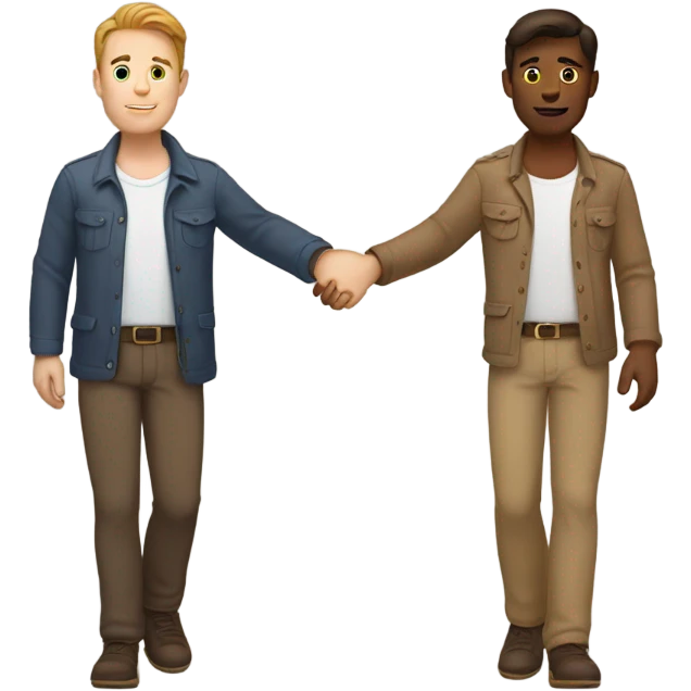 Two gay white men with brown hair, holding hands emoji