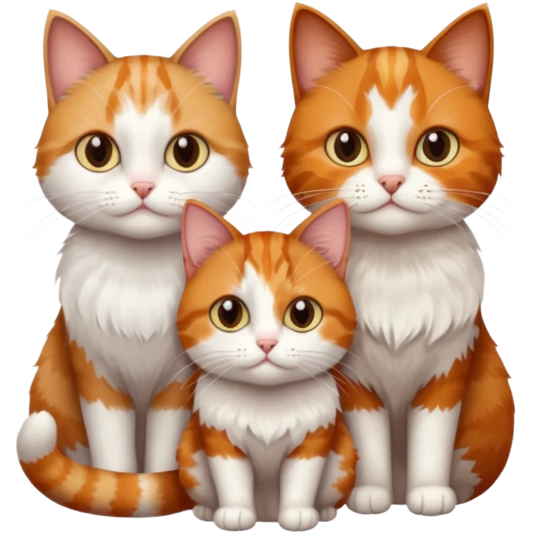 3 sibling cats all different natural colours; 1 is ginger and white, the next is brown tabby and white and the third is a calico emoji