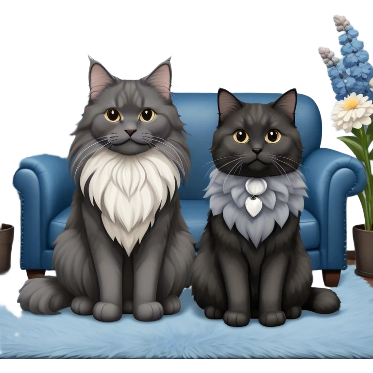 A large black smoke Maine Coon cat with long grey ear tufts and a fluffy grey ruff, sitting next to a chubby British Shorthair cat in blue color with plush fur, both sitting comfortably on a leather sofa. Beautiful room background with flowers and soft lighting. Transparent background. emoji