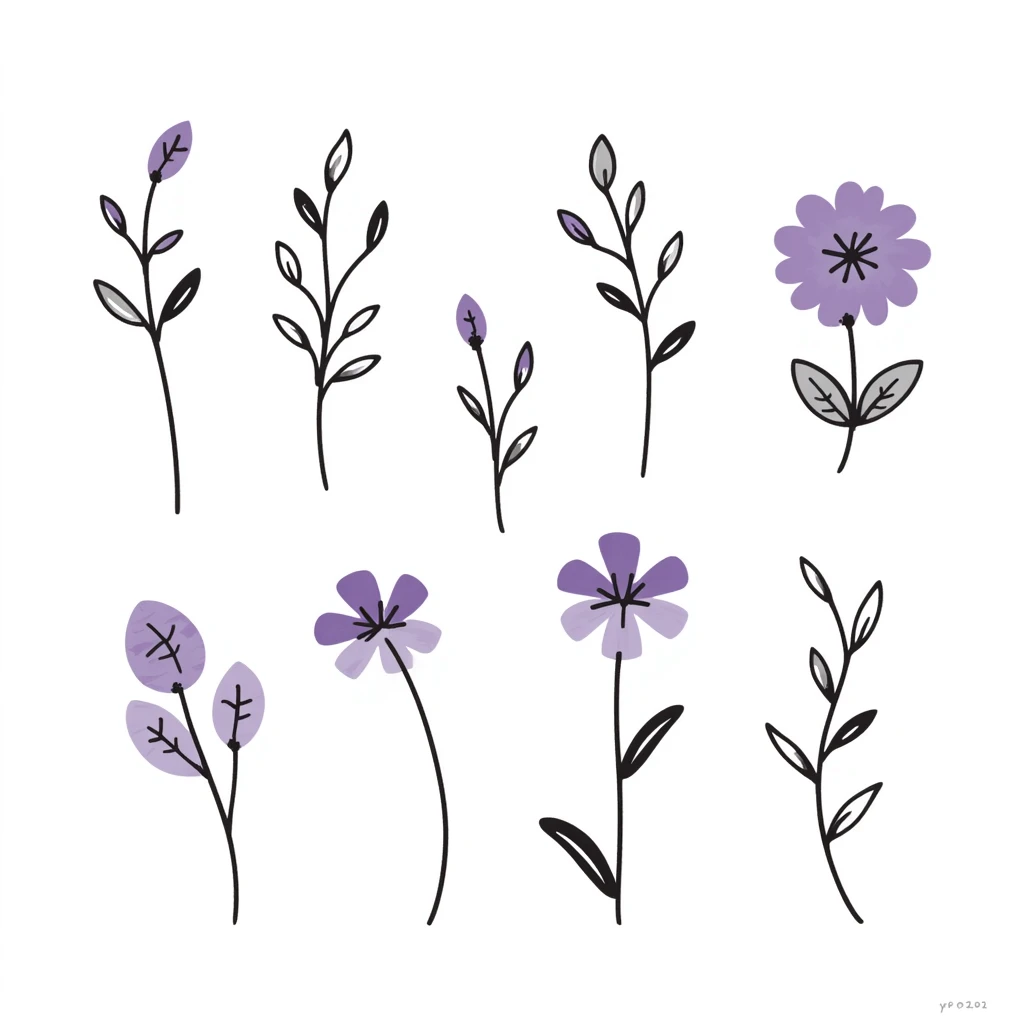 Lilac flowers with branches and leaves in pastel colors (dd9fb0, ffc6d3, a3bfc9, c4bee2, f1b091), hand-drawn doodle style emoji
