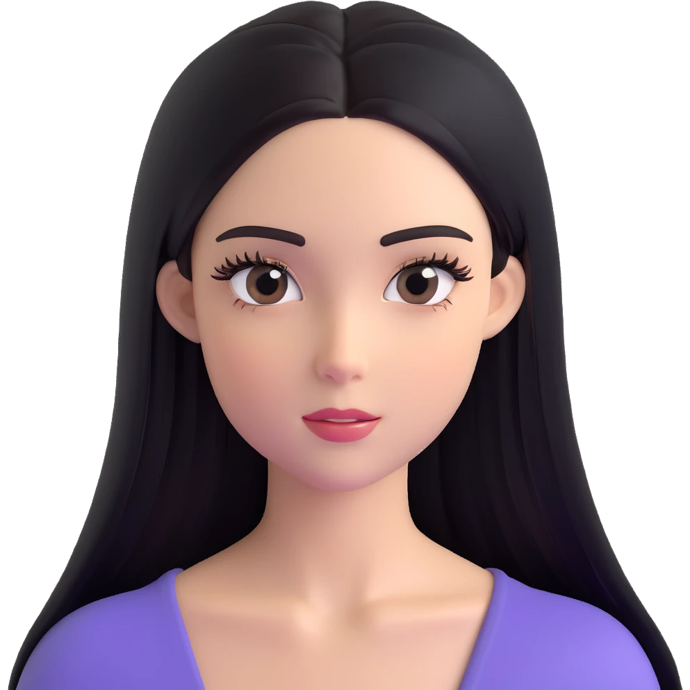 Striking character with glossy straight hair, perfect middle part, dramatic long eyelashes, and a beautiful attractive face emoji