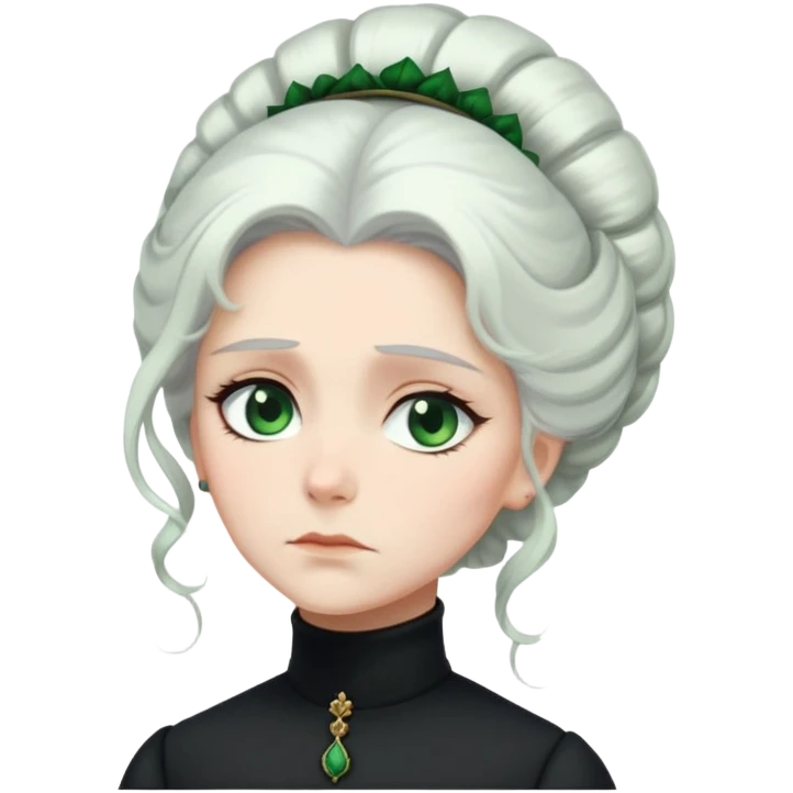 A Victorian woman with elegant coiffed white hair and green eyes wearing a modest black turtleneck mourning dress looking down with a forlorn expression emoji