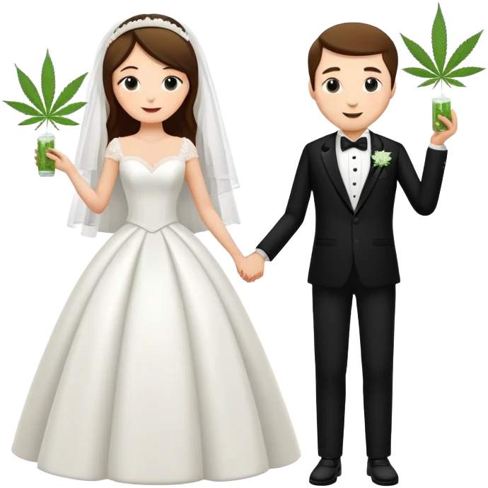 A bride in white wedding dress and groom in tuxedo, full body, sharing cannabis, wedding couple, different pose emoji