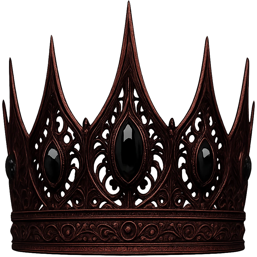 gothic crown in deep red metal with black gemstones and sharp, dramatic points emoji