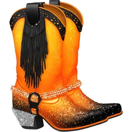 Realistic neon orange to black ombre pair of fashion cowgirl boots with sparkly shiny glitter fringe on them. emoji