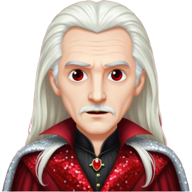 Count Dracula with long white hair, dark red sequin outfit  emoji