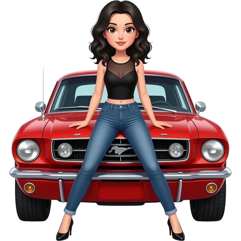 Pale girl with black wavy hair and brown eyes in front of a red ford mustang 1968 coupe. Girl wearing a sheer black sleeveless top, medium neckline, jeans and heels with visible toes. Legs wide spread and hands resting on the hood. emoji