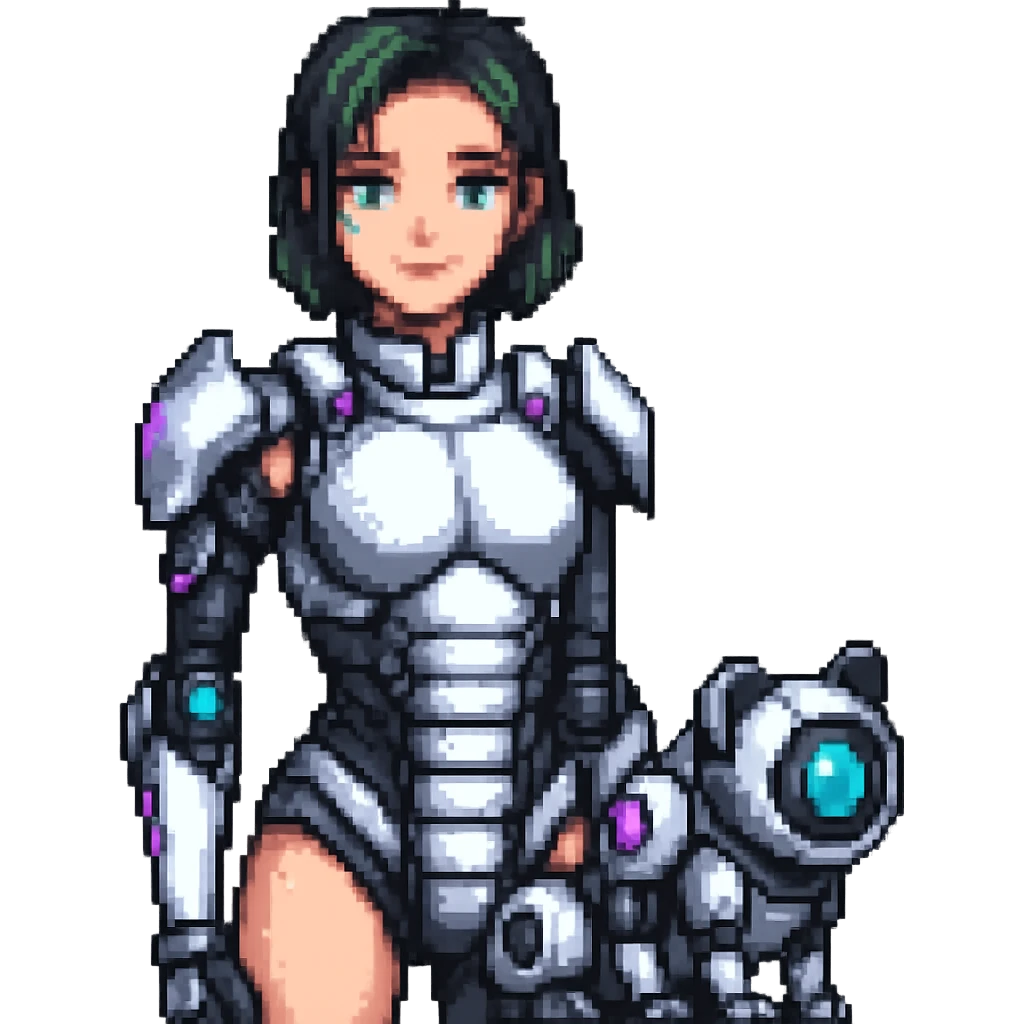 Add a small robotic pet next to the futuristic girl with cybernetic armor in pixel art style. emoji