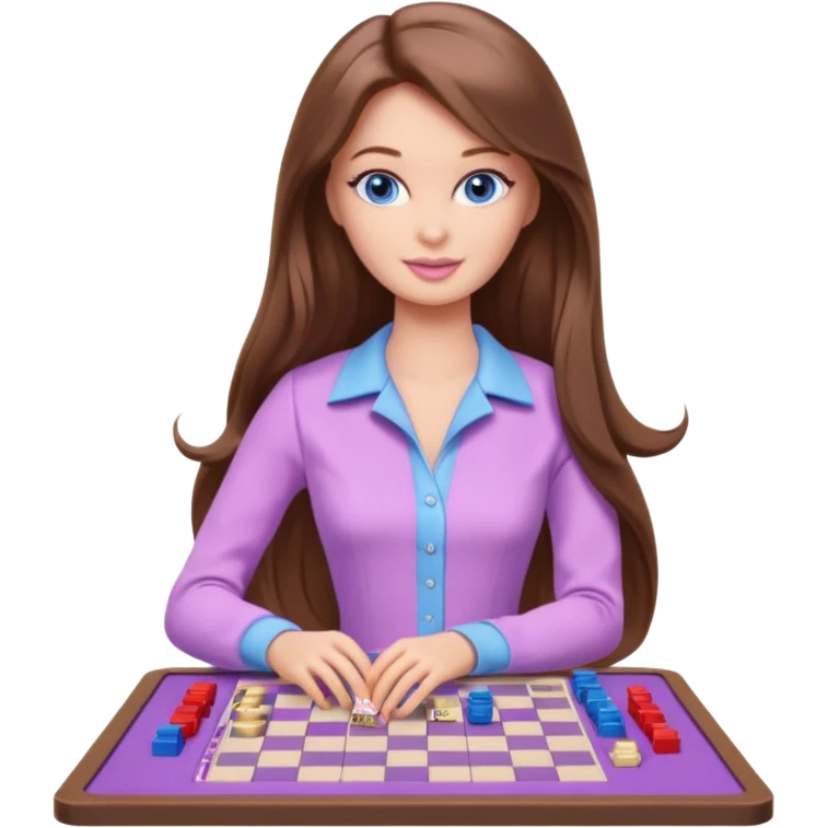 beautiful barbie girl with long brown hair, blue eyes and wearing light purple clothes playing board games emoji